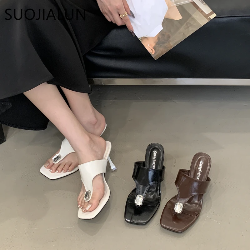 

SUOJIALUN 2025 New Brand Women Slipper Fashion Crystal Slip On Flip Flop Shoes Thin High Heel Elegant Outdoor Dress Sandal Pumps