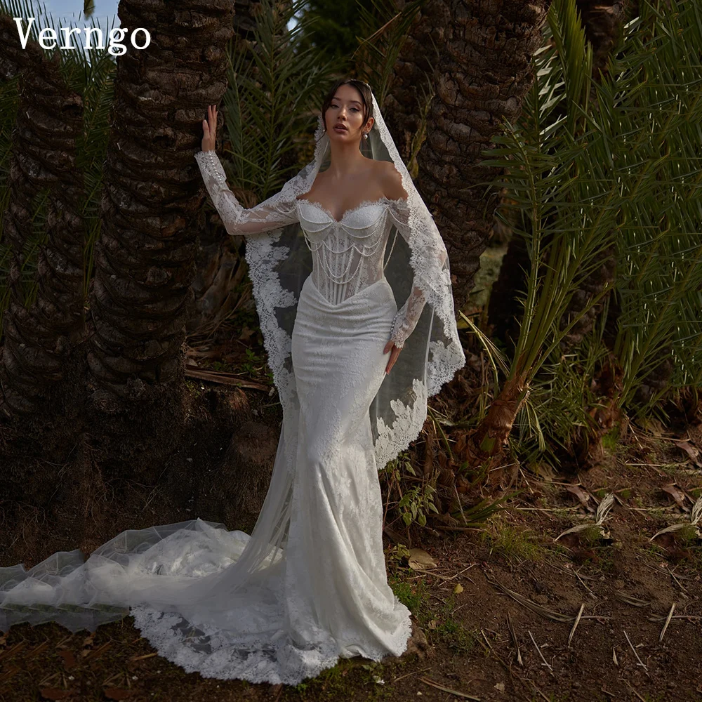 

Verngo Lace Wedding Dress Sweetheart Full Sleeves Mermaid Bride Dresses Women Elegant Sweep Train Bridal Gowns Customized