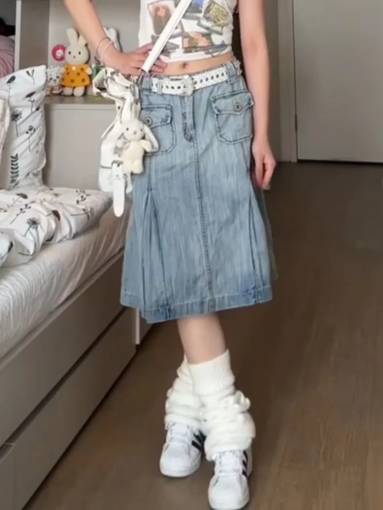 Retro Amerykańska Hot Girl Vintage Spódnica Jeansowa z Plisami w Stylu Y2K Millennium, Uniwersalna Spódnica o Długości do Kolan