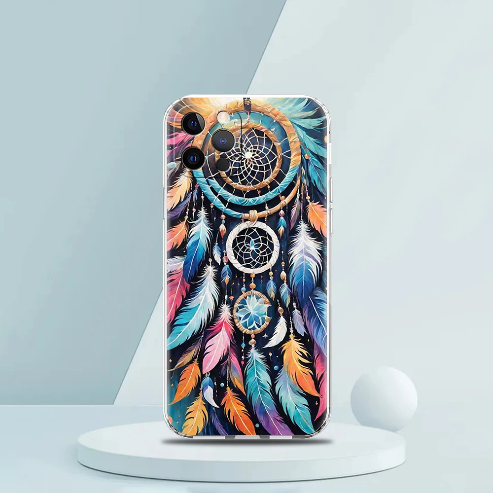 Soft TPU Transparent Phone Case Cover for iPhone 16 15 14 13 12 11 Pro Max XR 8 7 Plus XR Shell Mandala Dreamcatcher Pattern Bag