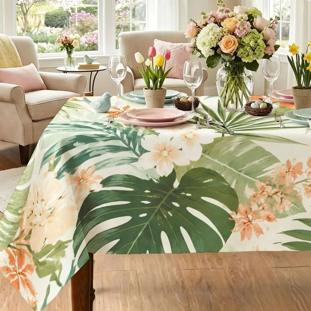 Tropical Hibiscus & Palm Tablecloth - Vibrant Botanical Print Rectangular Table Cover Suitable for Dining, Kitchen, Indoor/Outdoor Parties, Picnic - Machine Washable Polyester Tablecloth Fits for Home Decor,, Poolside