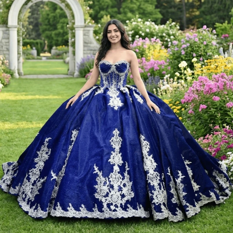 Bleu marine brillant Quinceanera robes hors De l'épaule appliques dentelle perles tulle fête anniversaire doux 16 robe robes 15 De Anos