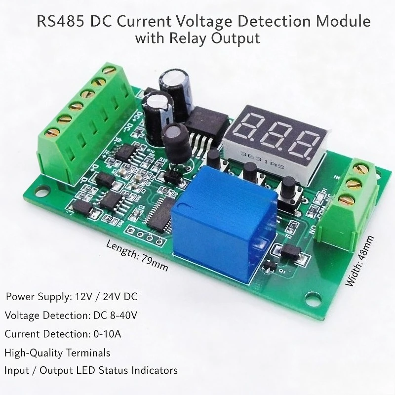 RS485 DC Voltage & Current Measurement Module, Relay Switch ON/OFF Controlled by Communication Command