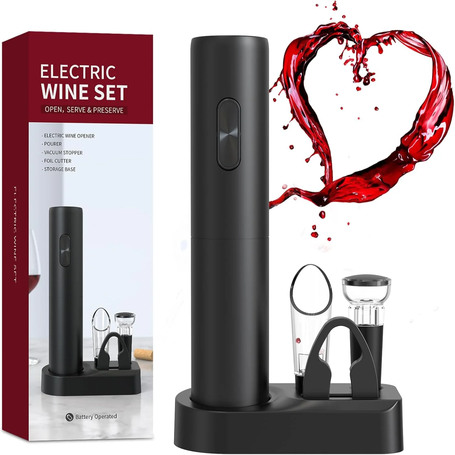 

Set - Battery Operated Bottle Opener with Pourer, Foil , Vacuum Stopper, and Base - 5-in-1 Corkscrew - Gift for Wine Lover