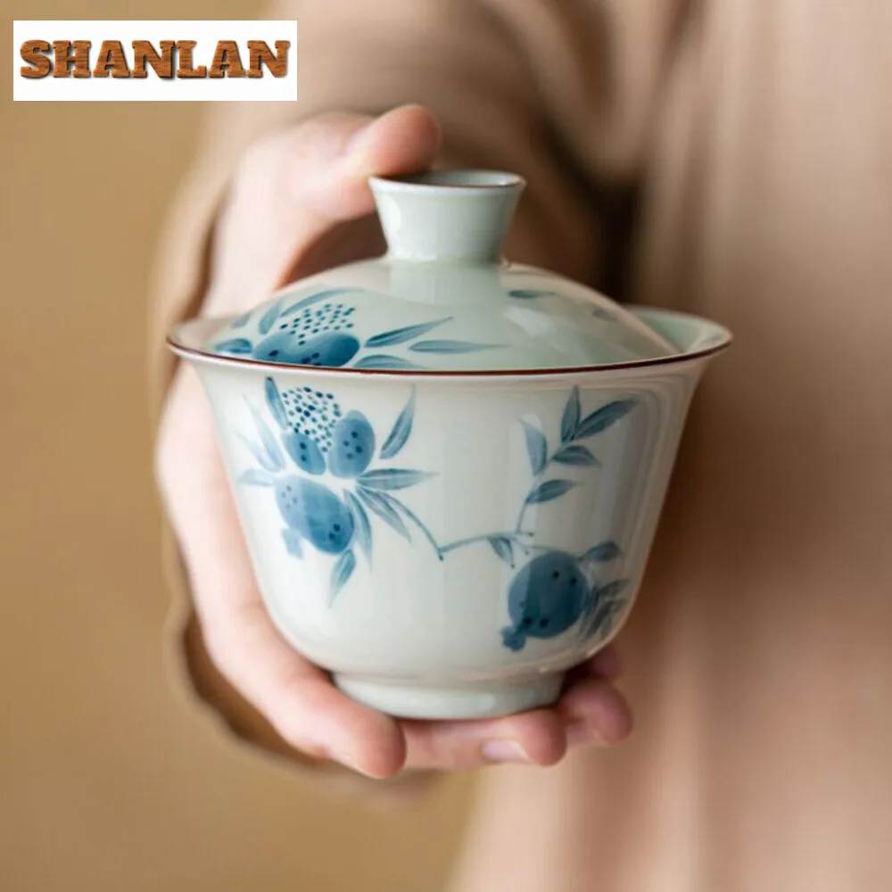 156ml Hand Drawn Pomegranate Cover Bowl Household Blue and White Gaiwan Creative Tea Tureen Tea Maker Tea Services Collection