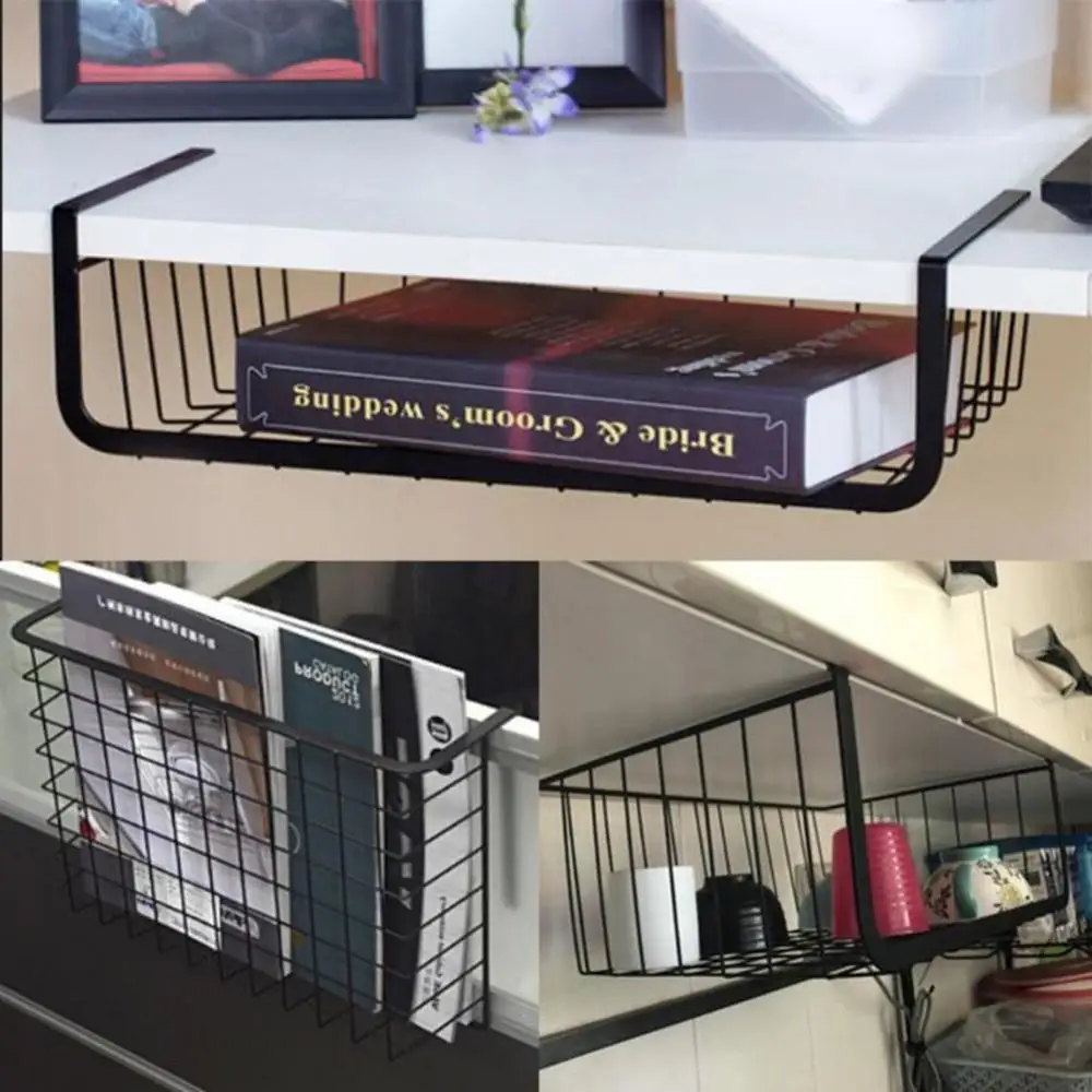 Cupboard Hanging Under Shelf Storage Iron Cabinet Closet Desk Hanging Mesh Basket Wire Bookcase Shelf Rack Organizer S/L Size