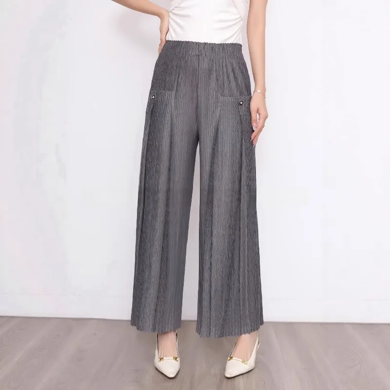 Miyake 2026 New Pleated Pants Loose Straight Trousers with Drape Elastic Waist Wide-Leg Pants Office Commute Wear Wrinkle-Free