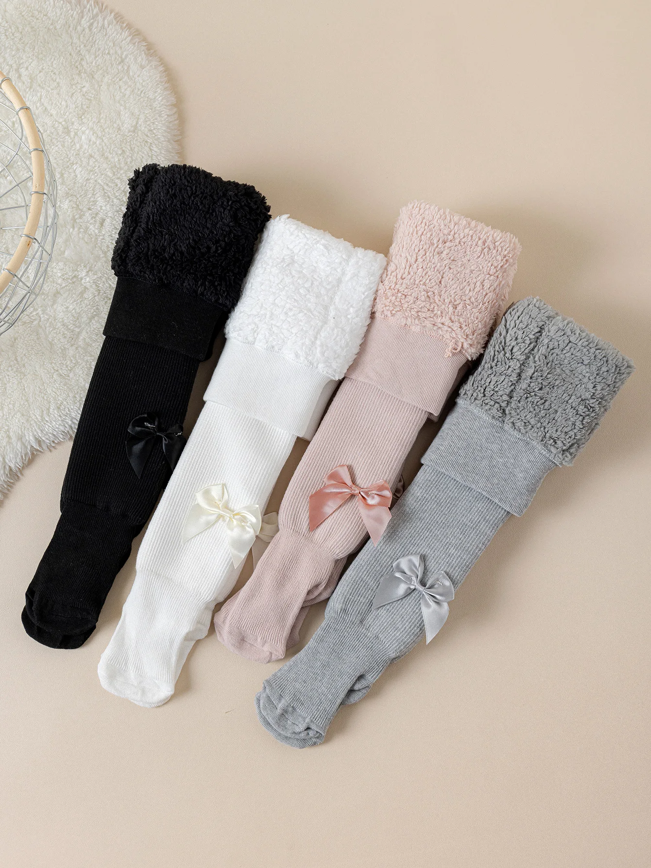 1 Pair of Children's Leggings with Silk Satin Bowknots, Thick Casual Winter Warm Tight Pantyhose for 6-72 Months Baby Girls