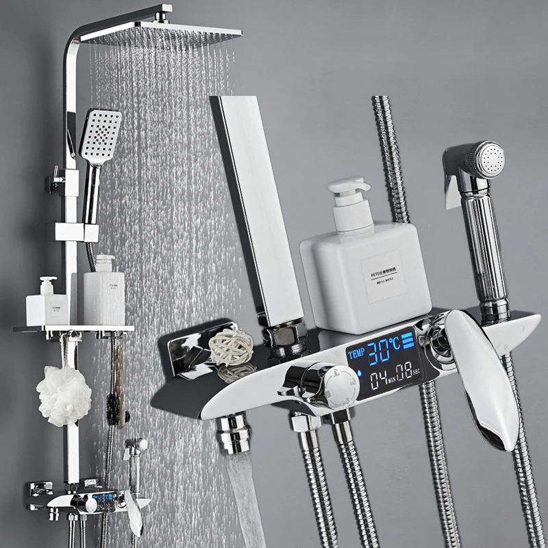 SDSN Chrome Thermostatic Digital Bathroom Shower Set 12 Inch Rainfall Shower Head Wall Mounted Hot Cold Digital Shower System