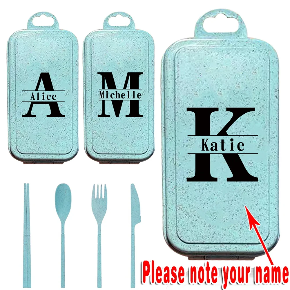 Customized Name 4PCS Stylish Cutlery Set With Case Wheat Straw Compact Utensils Silverware Kit DIY Travel Fork Knife Spoon Box