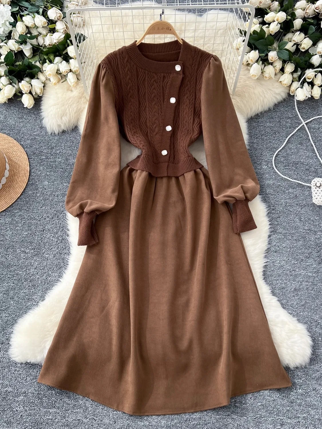 Gagaok French Style Vintage Dress Elegant Knitted Patchwork Casual Slimming Sweater Dresses Outwear Gentle Vestidos De Mujer