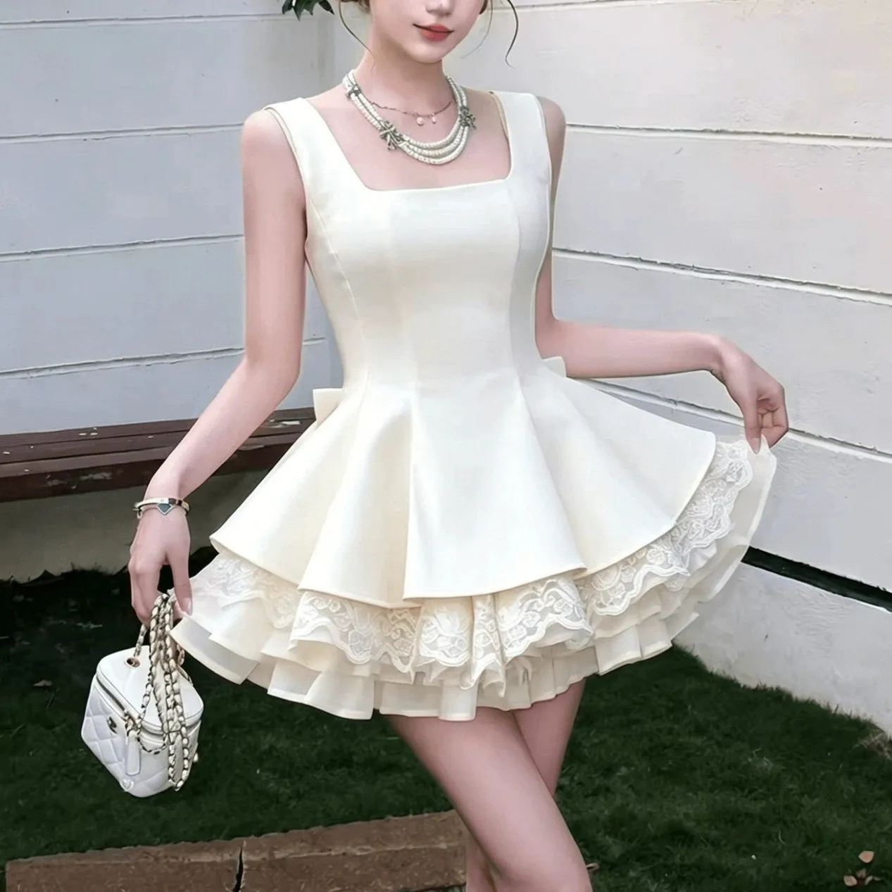 Sweet Fairy Short Dress White Square Collar Sleeveless Waist Multi-Layer Cake Style Dresses Party Princess Style Puffy Gown