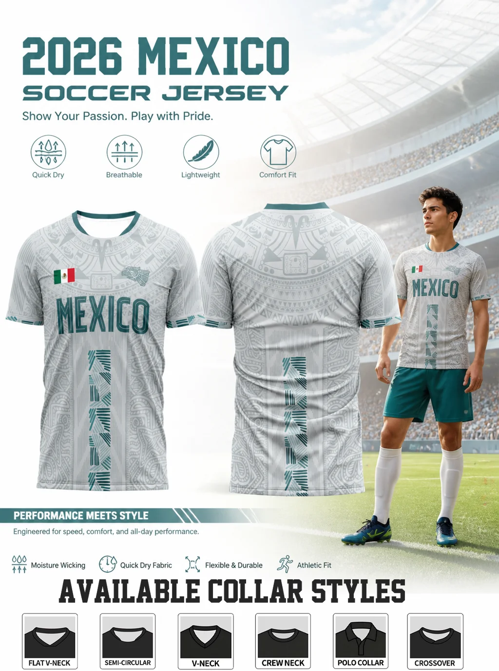Mexico soccer jersey printed with ancient Mayan patterns, side geometric stripes delivering rich exotic ethnic‑style texture