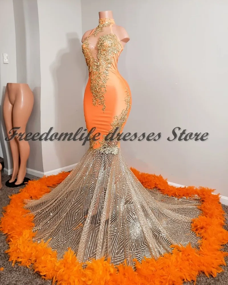 Vestidos De Boda Invitada Black Girls Orange Mermaid Prom Dresses 2022 Sequin Luxury Feathers Evening Gowns For Women Party