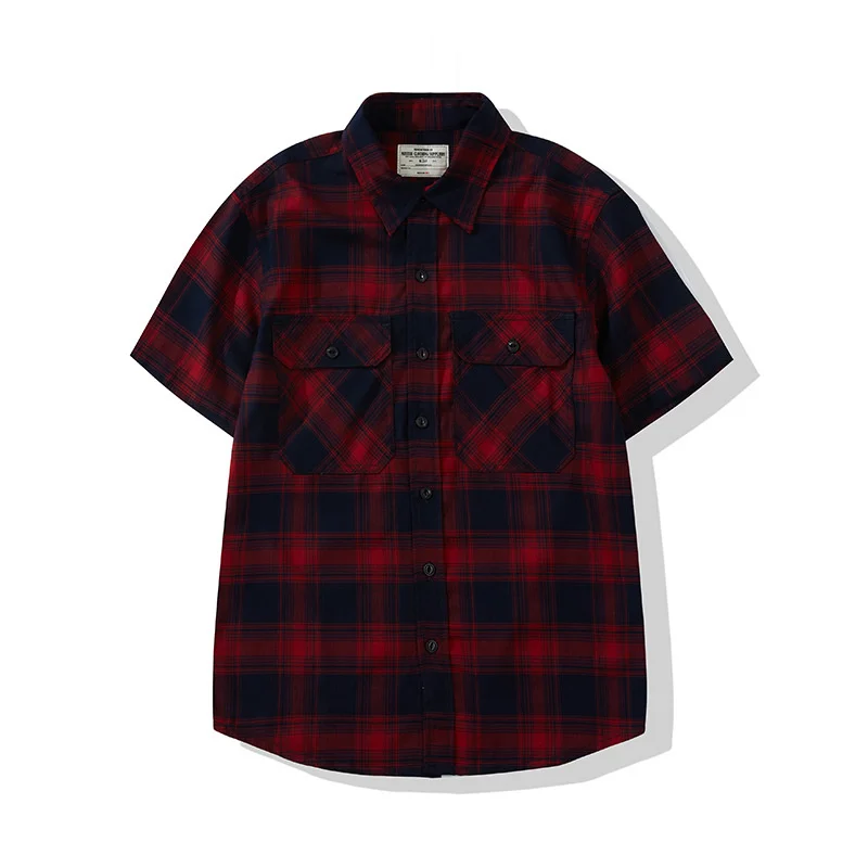 American Casual Wear Spring Summer New Couple Plaid Shirt Short Sleeve Lapel Button Up Men Japanese Retro Women