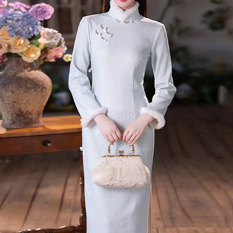 Women's Fleece Lined Qipao, Stand Collar Frog Button Cheongsam, Long Sleeve Vintage Evening Dress, Traditional Chinese Clothing