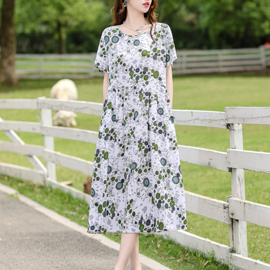 New 2024 Summer Dress Long Vintage Loose Women Elegant Sundress Short Sleeve Dress Casual O-neck Dresses Print Plus Size