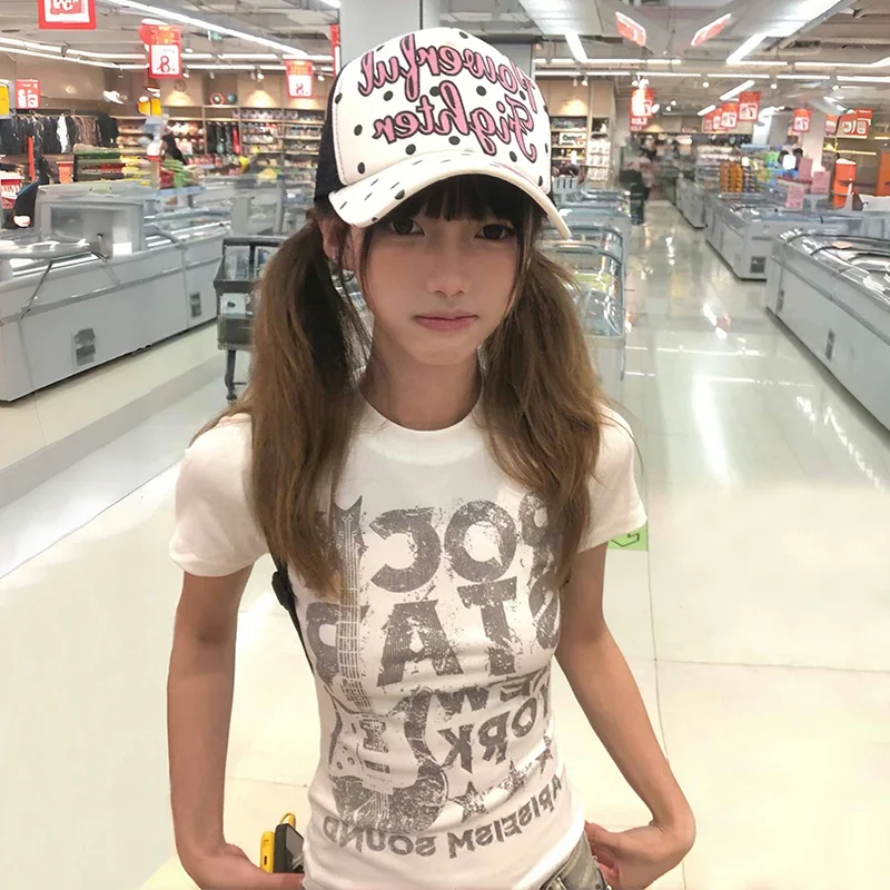 Y2k Letter Print T-shirt 2000s Style Short Sleeve Crop Top Vintage Harajuku Japanese Ribbed Tee Shirt American Retro T Shirt