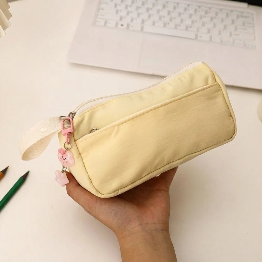 Portable Large Capacity Pencil Case Macaron Color Polyester Stationery Bag Zipper Hanging Charms Pen Pouch School