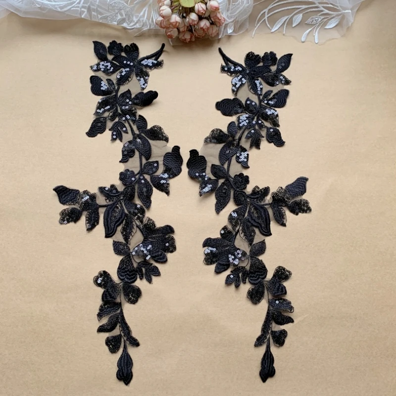 Handgefertigte milchweiße Paillettenblatt-Spitze, Spiegelblume, Hochzeitsschleier, Stickerei-Zubehör, DIY, 50*21cm, 1 Paar – Detail 3