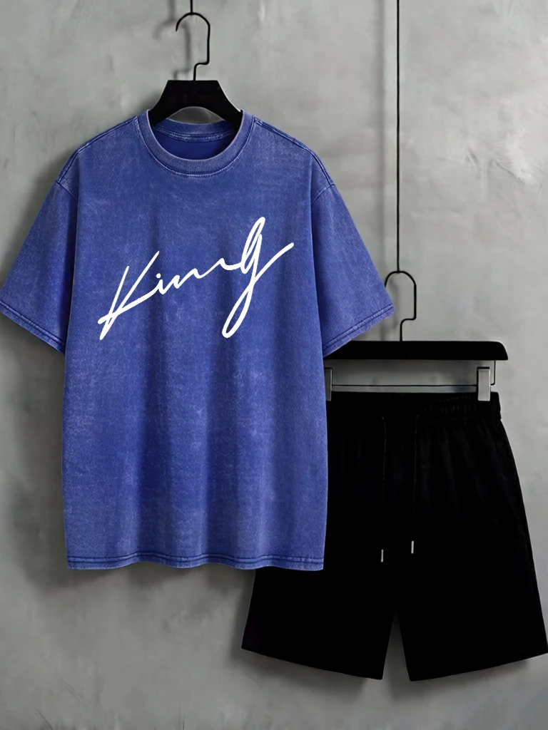 

King'S Word Cursive Script Print Cool T-Shirt Men Sport Sunmmer Shorts Set Fashion Cotton Retro Top Unisex O-Neck Sportswear