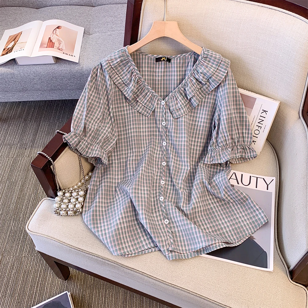 Plus-size women's shirt Gray Pink plaid striped commuter top puffy sleeve doll collar loose casual button Summer short sleeve