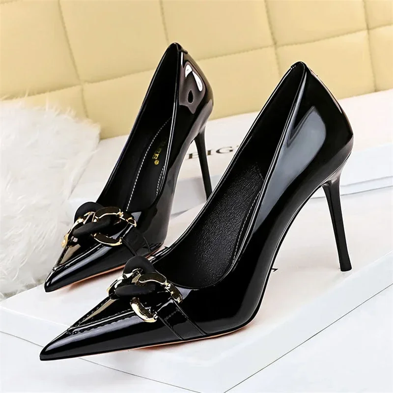 BIGTREE, zapatos de tacón alto de charol con botones de Metal para mujer, zapatos de fiesta sexys lujosos, Stiletto de Stripper, talla grande 43