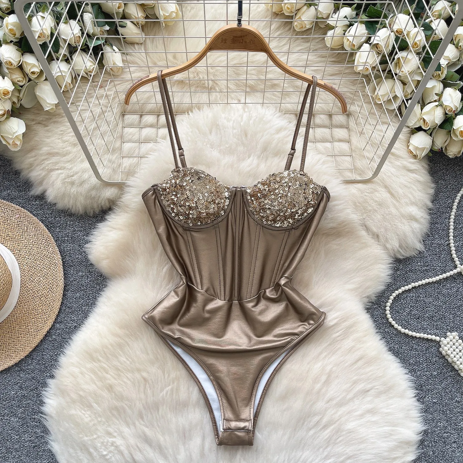Women's Sparkly Sexy Lingerie Hot Street Style Satin Sequined Halter Top Sexy Backless Fishtail Underwire Bodysuit Sexy Lingerie