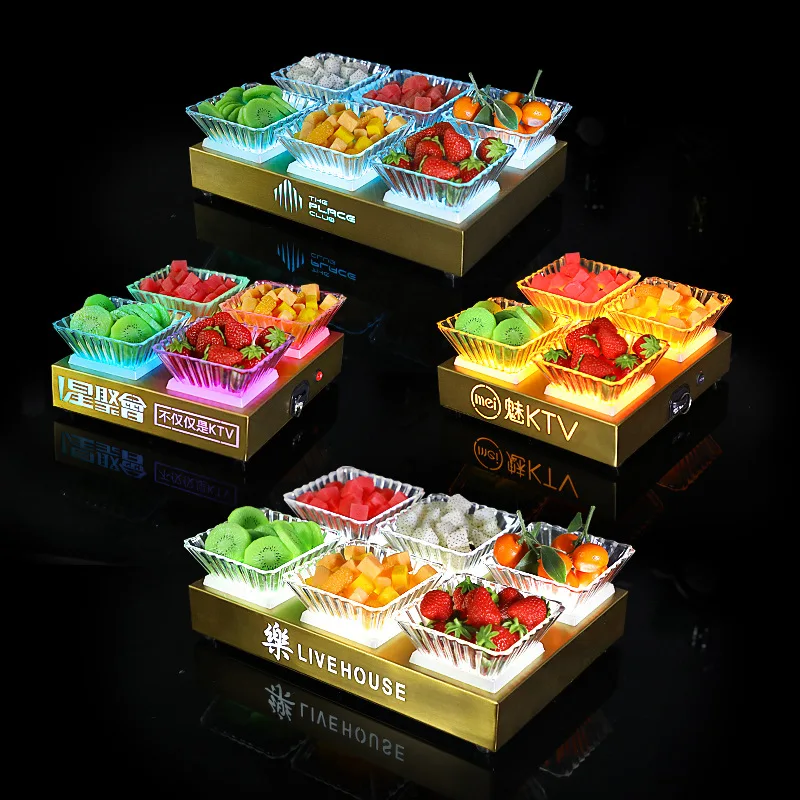 

Bar luminous fruit plate brushed stainless steel light luxury four or six grid KTV snack plate fruit platter high-end snack plat