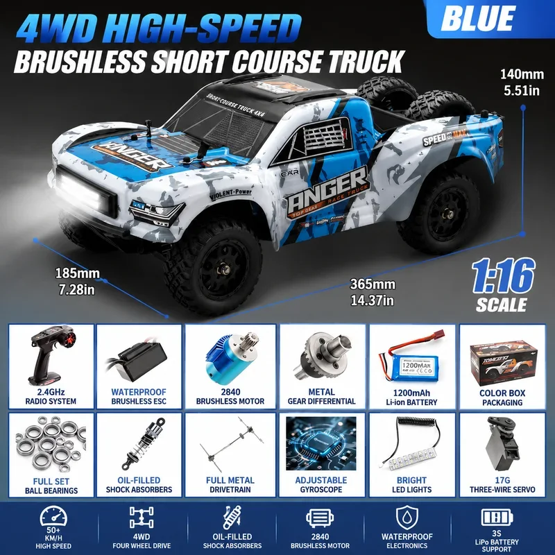 3100A 1:16 2026 New Brushless 4WD RC Short Course Truck Blue High Speed Off-Road LED Lights Waterproof Electronics