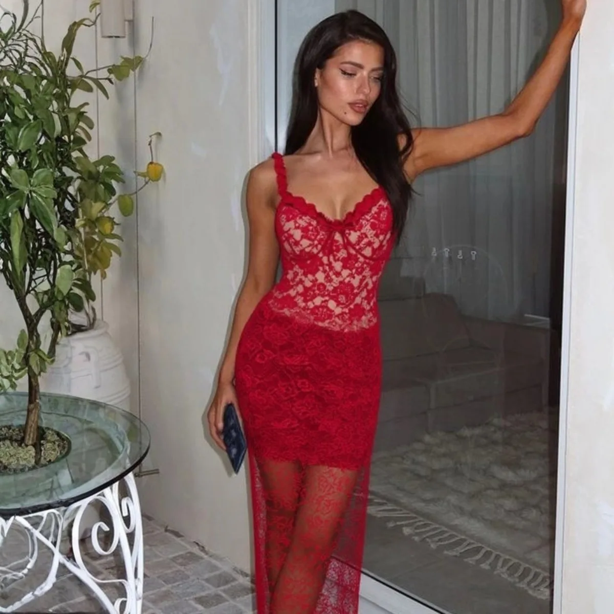 2026 Women 2Pcs Red Lace One Piece Swimsuit Set, Ruffle Strap V Neck Bathing Suit with High Slit Long Cover Skirt Beach Swimwear
