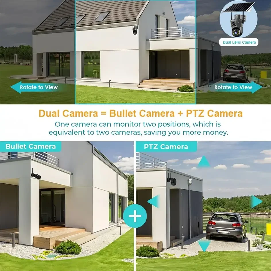 2025 Outdoor 4K 8MP Wireless Solar Camera 4G Sim Dual Lens Wifi IP PIR HD Night Vision Camera V380Pro PTZ Security CCTV Monitor