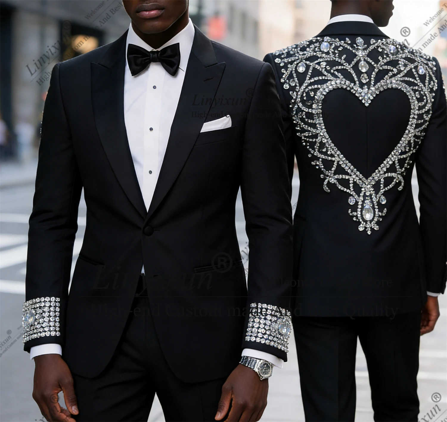 

Glitter Crystal Gem Men Suits Slim Fit Customized Wedding Tuxedo 2 Piece Sets Groom Male Blazers Peak Lapel Party Costume Homme