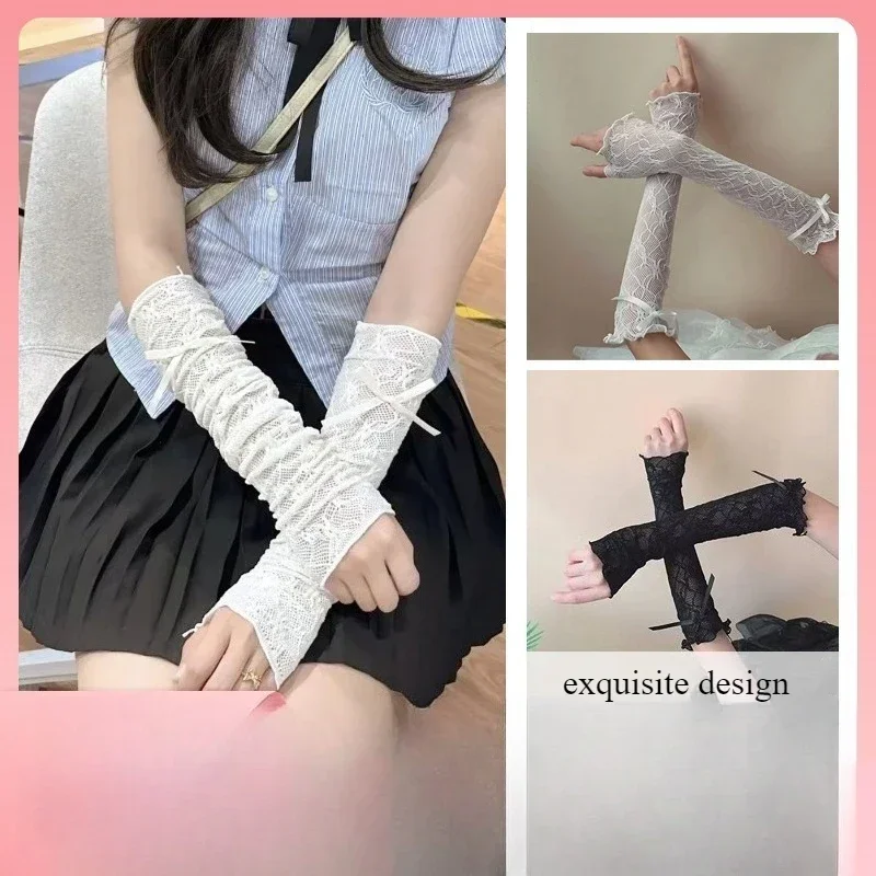 Women Lolita Jk Lace Fingerless Gloves Black Gothic DIY Strapping Sunscreen Sleeve Clothing Accessories Elastic Mesh Cool Gloves
