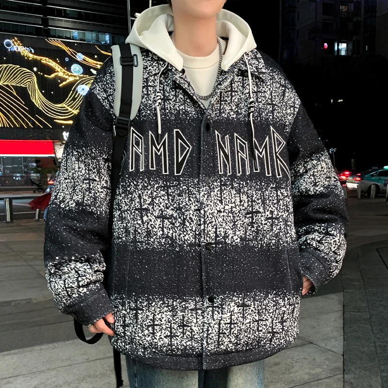 2025 Autumn Winter New Green Gradient Print Men's Jacket Gray Fleece Lined Thickened Fake Two-Piece Hooded Cotton Coat
