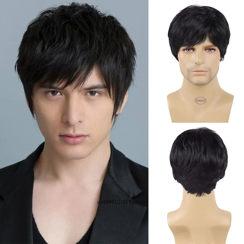 Synthetic Hair Natural Black Wigs for Men Short Haircuts with Bangs Cool Hairstyles Cosplay Wig Businessman Daddy Dark Brown Wig