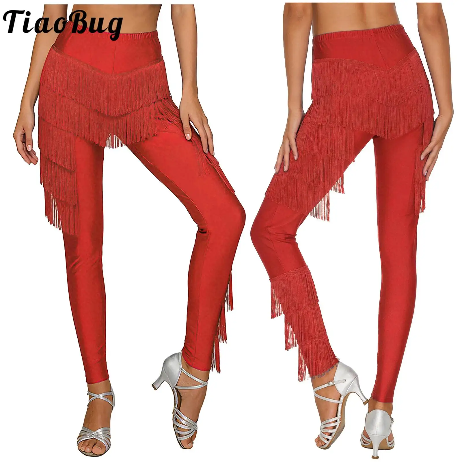 

Women Latin Rumba Dance Fringed Long Pants Leggings Tiered Tassel Elastic Waistband Leggings Trousers Tango Cha-cha Dance Pants