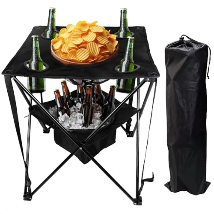 

Collapsible Folding Camping Table with Insulated Cooler 4 Cup Holders Food Basket and Travel Bag Portable Tailgating Table for