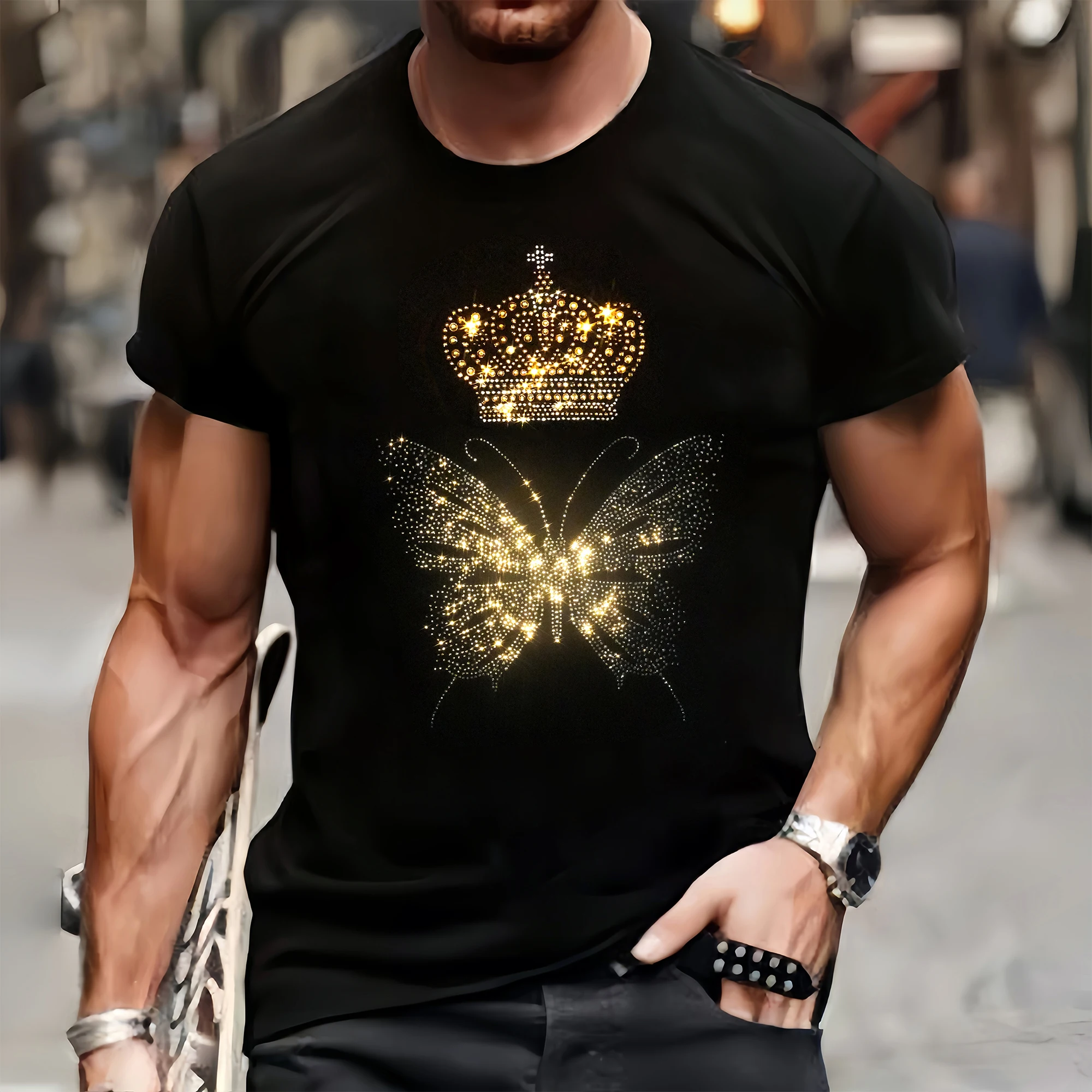 Luxury Mens Quality T-Shirts Spring Casual Street Short Sleeve Clothing Tee Tops O-Neck Butterfly Rhinestone Sports Tshirt Y2k