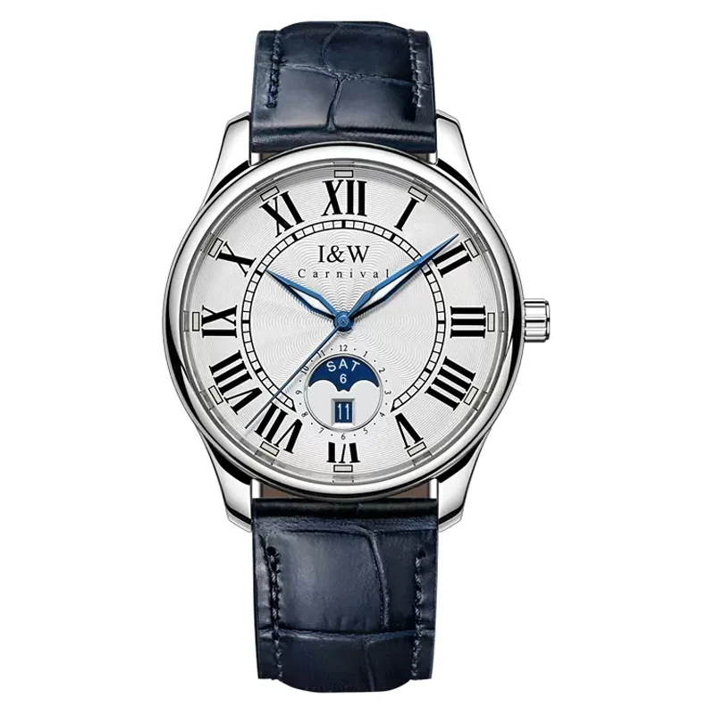 IW Men Business Wristwatch Week Date Roman Dial Dark Blue Leather Strap Automatic Waterproof Male Dress Watch MIYOTA Mechanical
