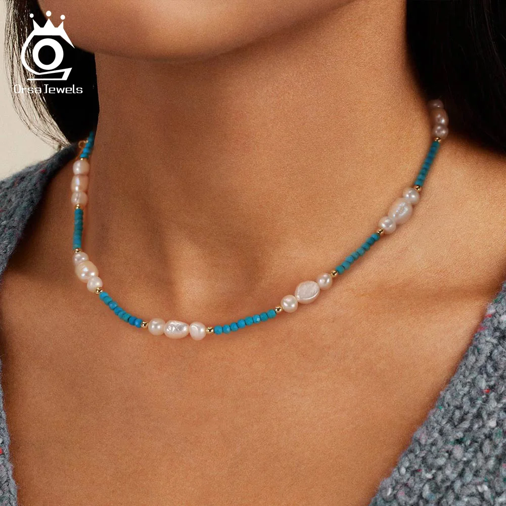 ORSA JEWELS Natural Turquoise Choker Necklace with Handmade Natural Baroque Pearl Tiny Chain for Women Vintage Jewelry MPN03