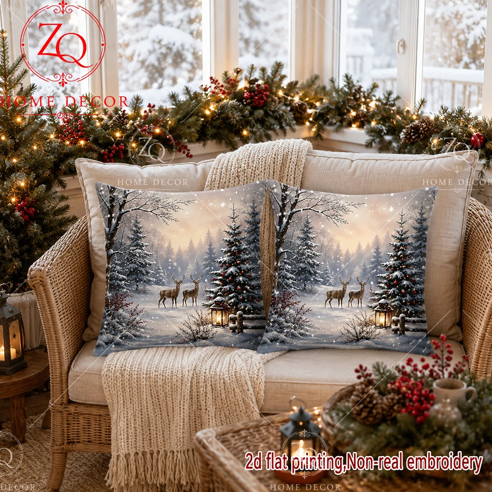 Winter Snow Deer Peach Skin Throw Pillow Case 2D Flat Printed Christmas Tree Cushion Cover For Living Room Sofa Home Decor