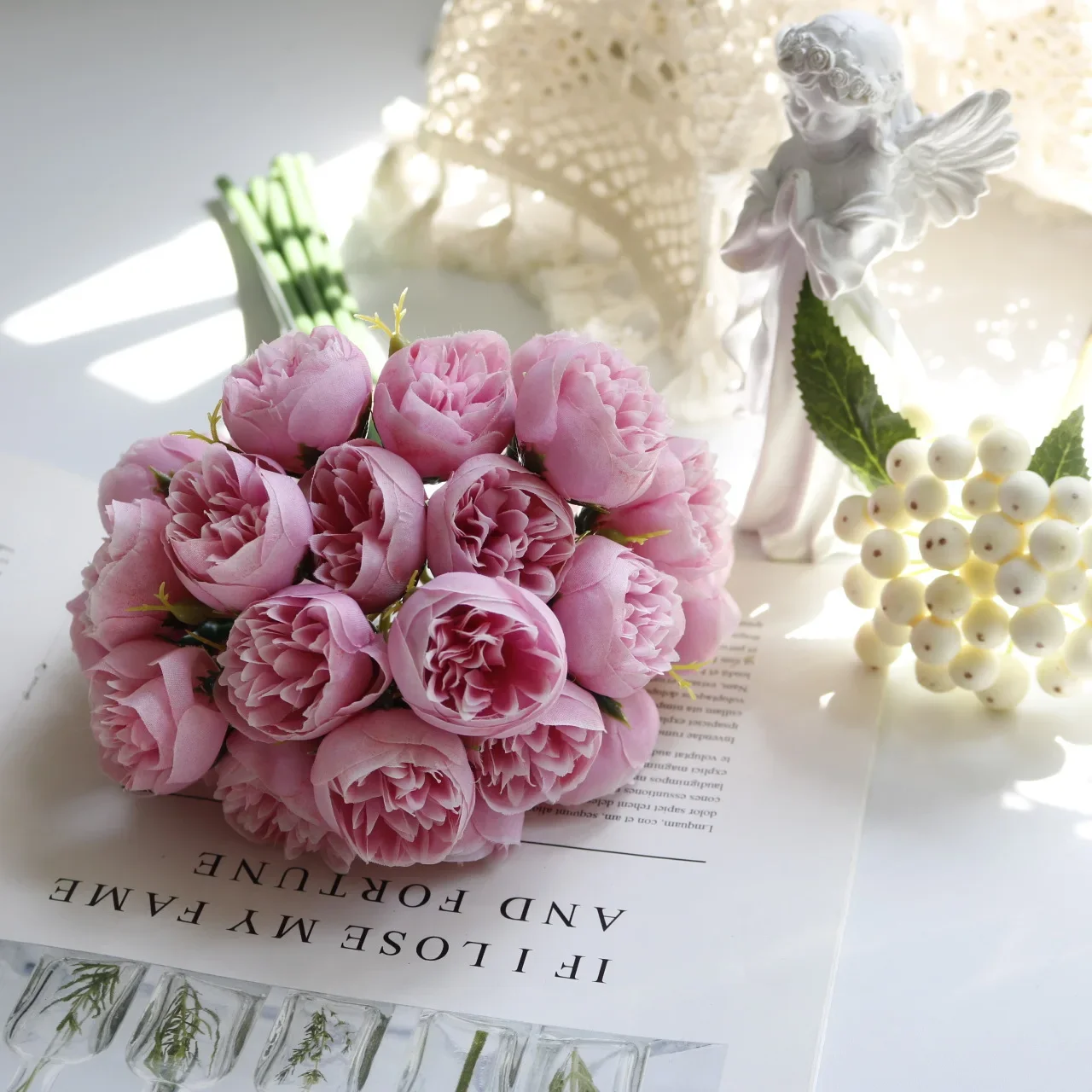 Rose rosa Pfingstrose künstliche Blumen Seidenstrauß 27 Köpfe Rosen gefälschte Blume für Tischvase arrangieren Zuhause Hochzeitsdekoration Blumen – Detail 8
