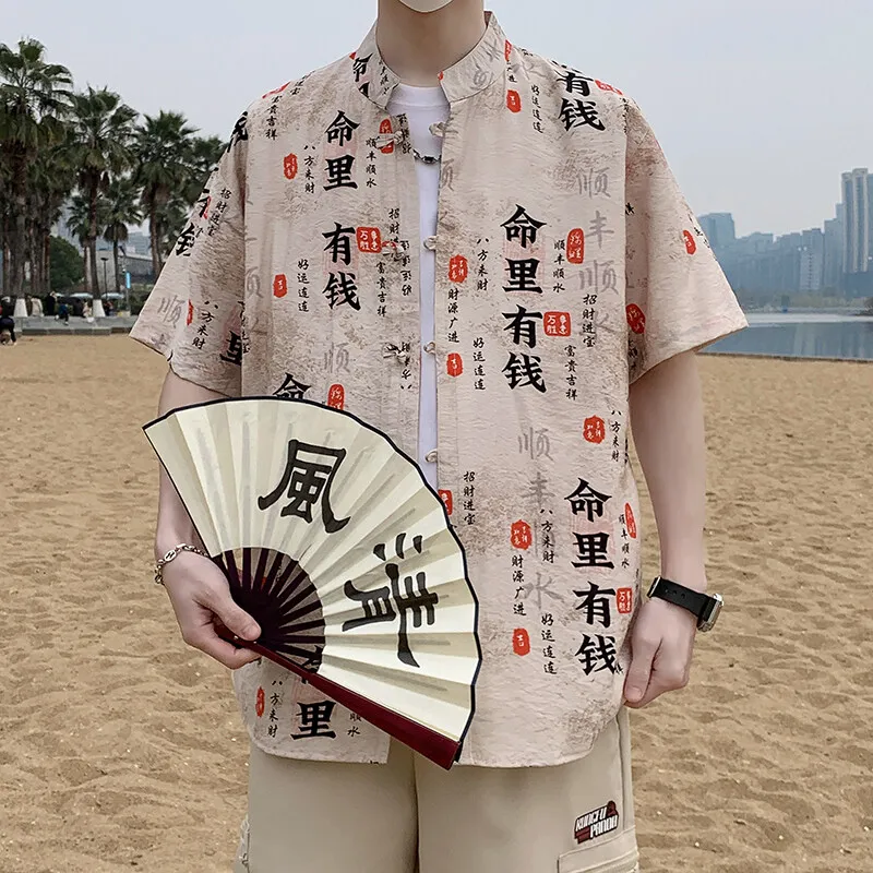New Men Retro Style Short Sleeved Printed Shirt Loose Top Fashion Homme Daily Casual Breathable Stand Up Collar Shirts