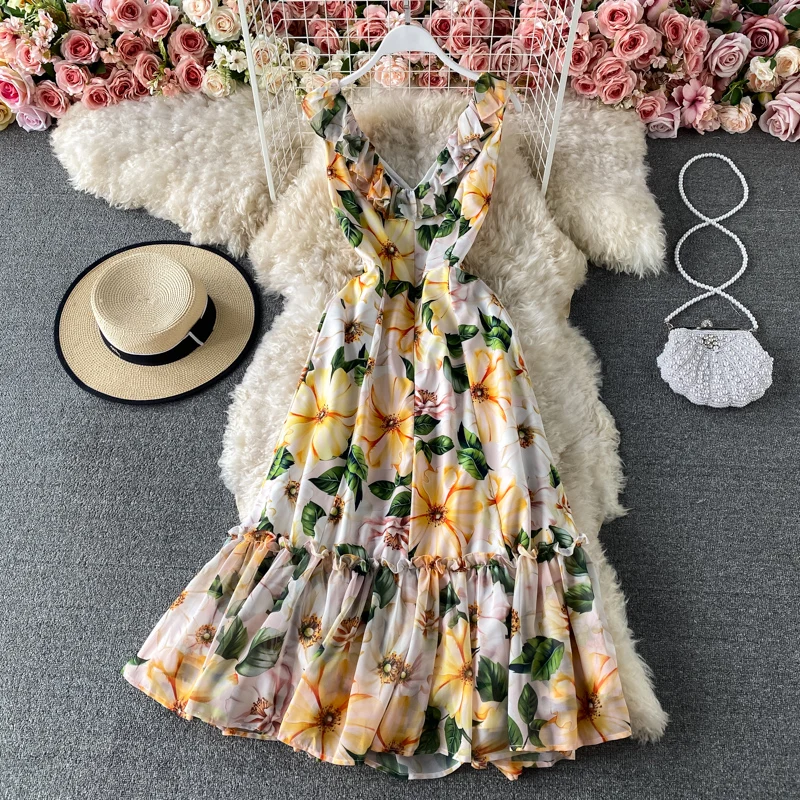2023 Summer Runway Bodycon Mermaid Vestidos Women's Sleeveless V-Neck V Back Flower Print Ruffles Yellow Party Tank Dress