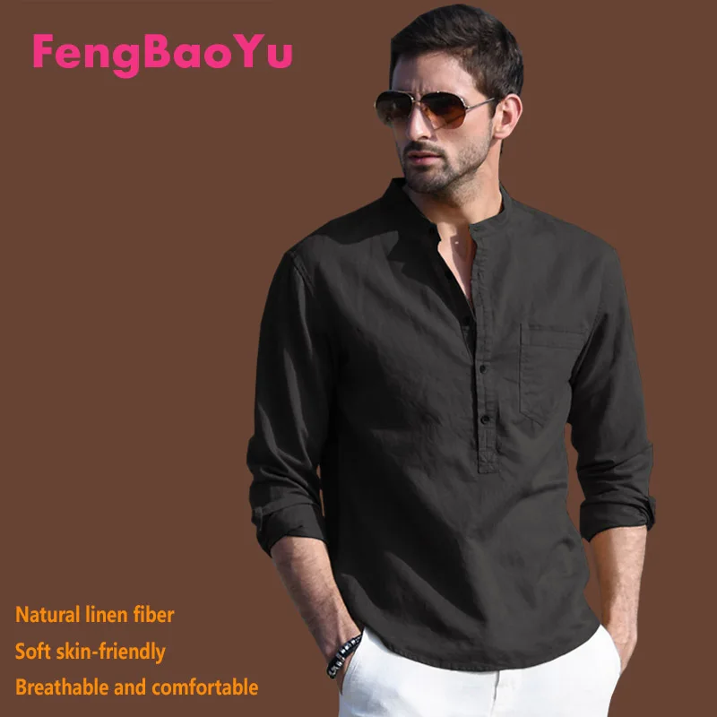 

Fengbaoyu Natural Linen Men's Shirt with Stand-Up Collar Long Sleeves Summer Outdoor Casual Large Size Cool Comfortable