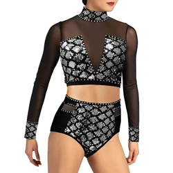 MiDee 2 Piece Set Jazz Dance Wear Girl Shiny Sliver Sequin with Crystal Diamond Hip-hop Outfit Modern Ballet Dance Stage Costume