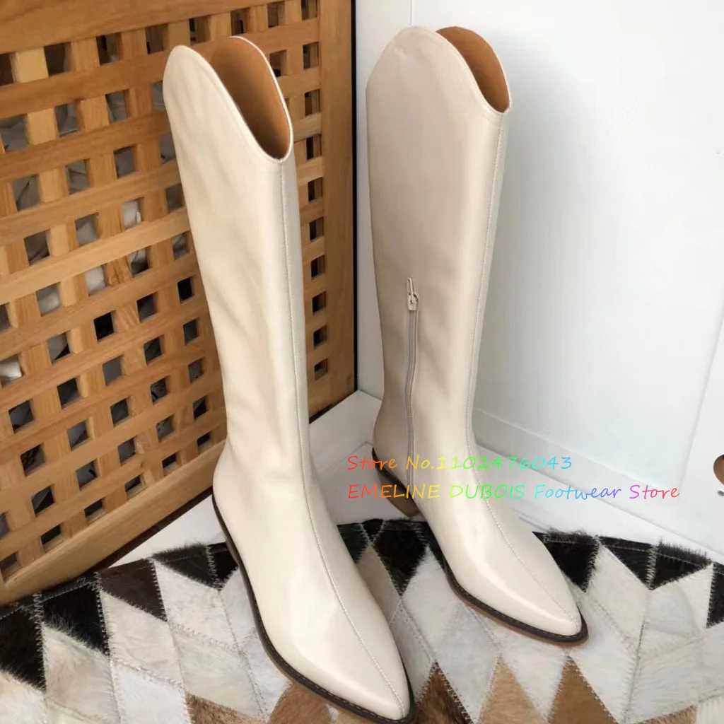 Retro Western Boots Cowhide Pointed Toe Knee High Boots Elegant Thick Heel Side Zipper Slip On Solid Color Ladies Winter Boots