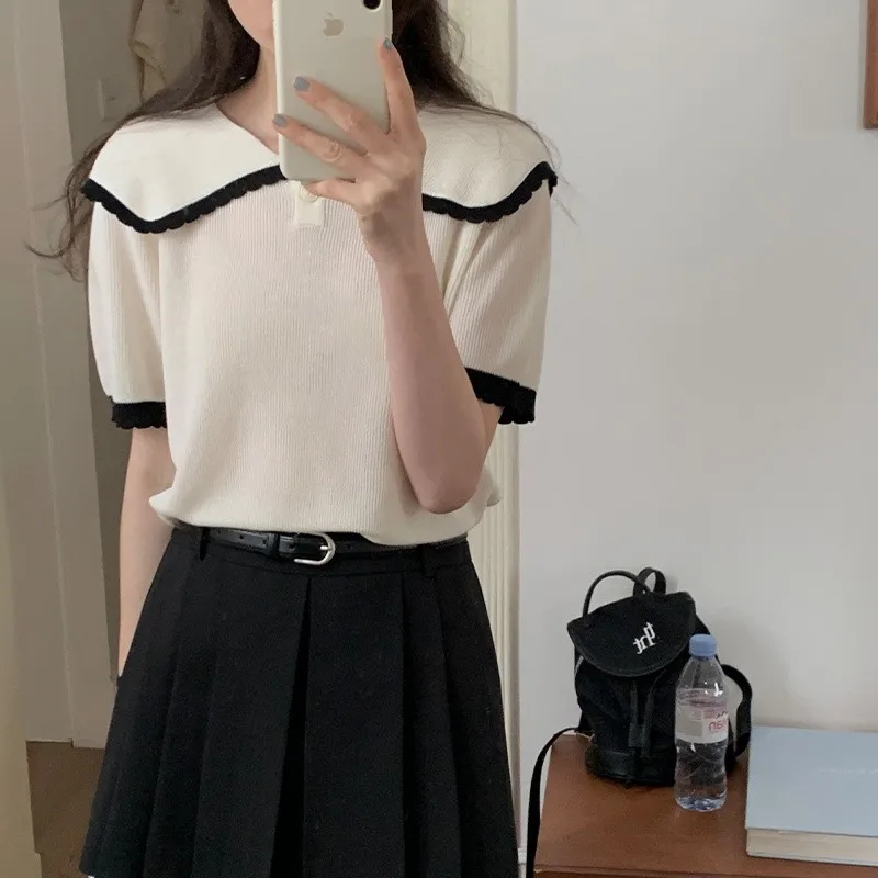 

White Splice Doll Collar Color Blo Knitted irt Women's Summer New Slimming Design ort Sve Top Commute Sle Other 00%