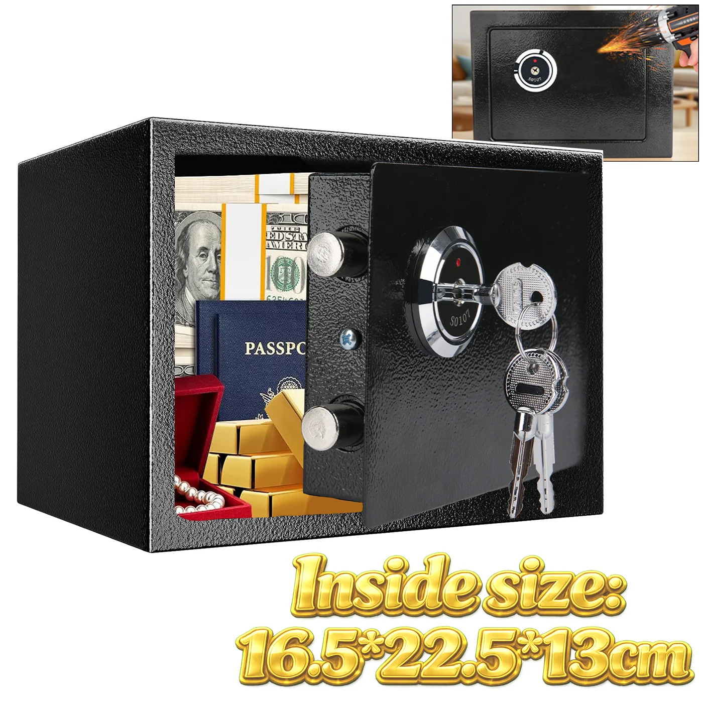 Caja Fuerte de Seguridad, Caja Fuerte de Acero Resistente con Cerradura de Doble Llave, Caja Fuerte Portátil para Efectivo, Joyas, Hogar, Oficina, Hotel